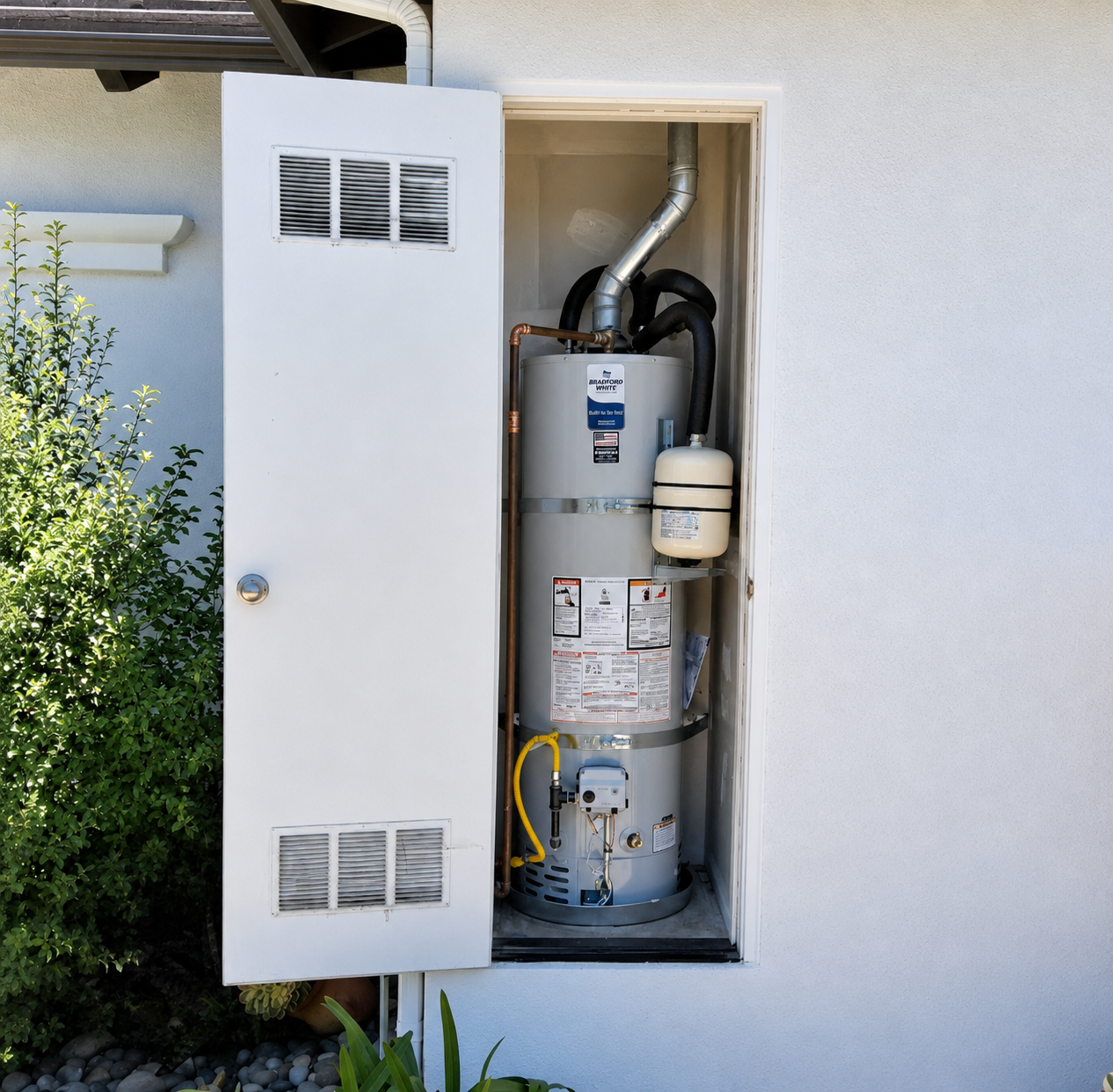 Newly installed Bradford White gas water heater with expansion tank in an exterior utility closet.